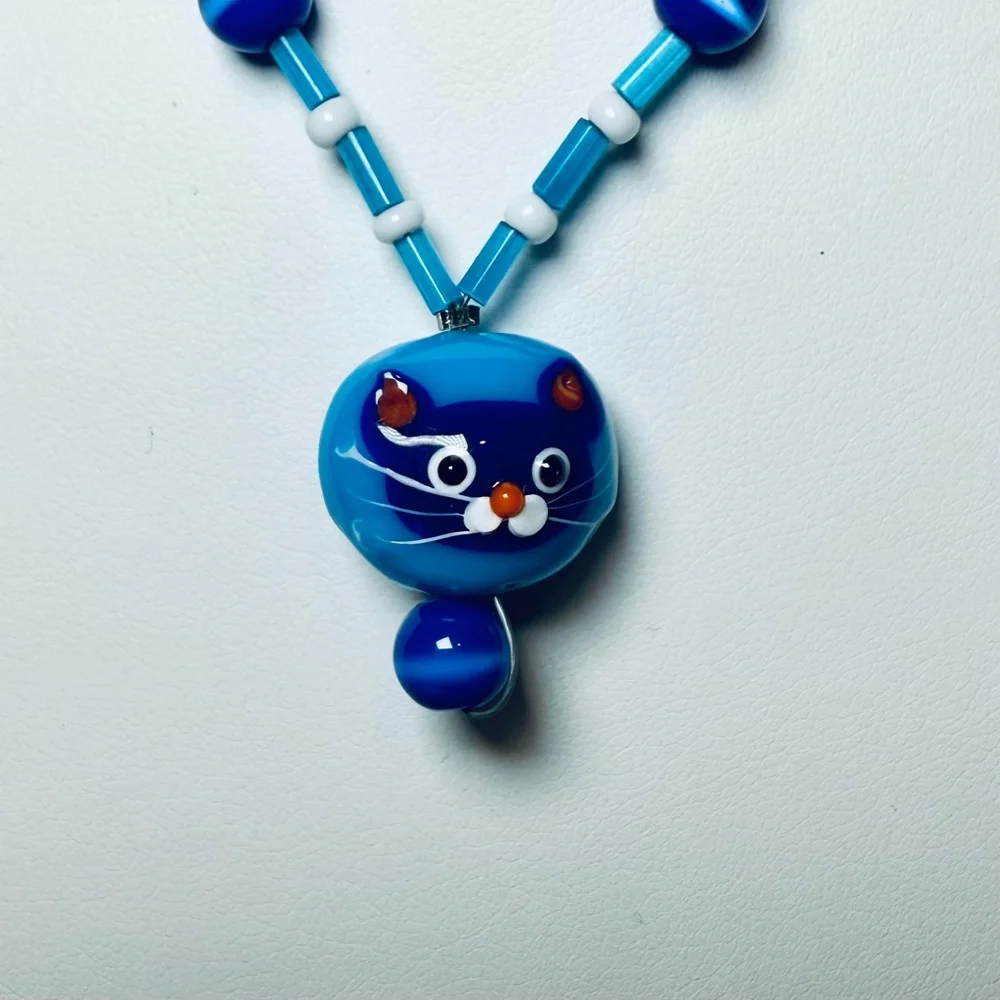 Children's Blue Beaded Cat Necklace